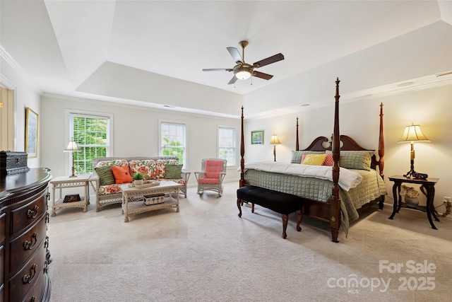 3128 Ethereal Ln, Charlotte, NC 28226 - bedroom featuring a tray ceiling, light carpet, ceiling fan, and crown molding