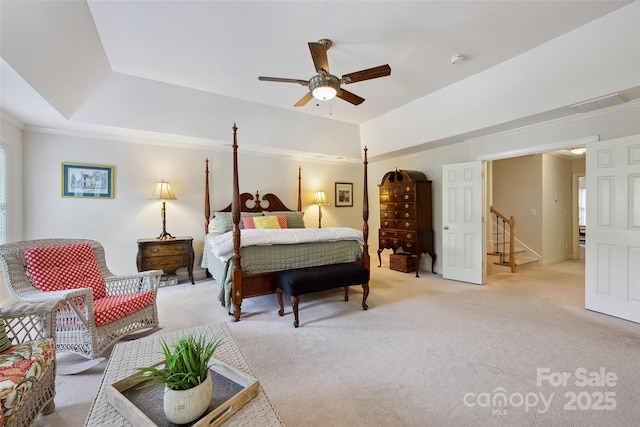 3128 Ethereal Ln, Charlotte, NC 28226 - carpeted bedroom featuring a tray ceiling, ornamental molding, attic access, and ceiling fan