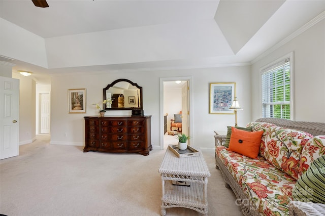 3128 Ethereal Ln, Charlotte, NC 28226 - carpeted living area featuring baseboards, a raised ceiling, ornamental molding, and ceiling fan