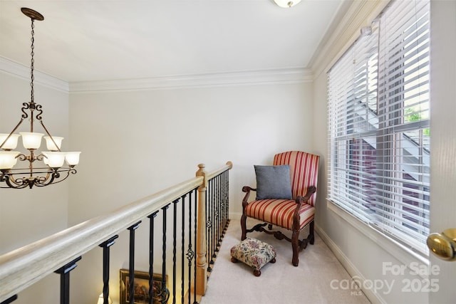 3128 Ethereal Ln, Charlotte, NC 28226 - sitting room with carpet, a chandelier, ornamental molding, and baseboards