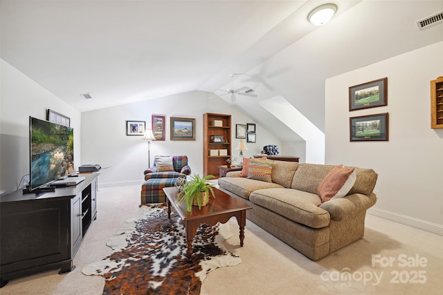 3128 Ethereal Ln, Charlotte, NC 28226 - living area featuring light colored carpet, vaulted ceiling, baseboards, and ceiling fan