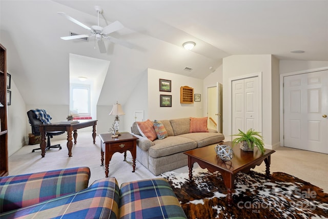 3128 Ethereal Ln, Charlotte, NC 28226 - living room with vaulted ceiling, light carpet, and ceiling fan