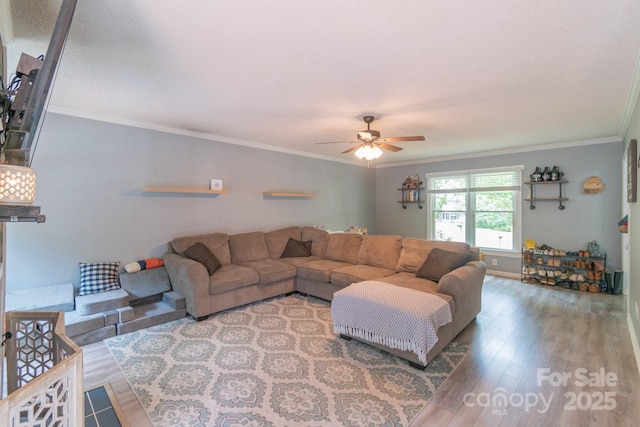 1739 Lesa Lin Dr, Monroe, NC 28112 - living area with a ceiling fan, wood finished floors, and crown molding