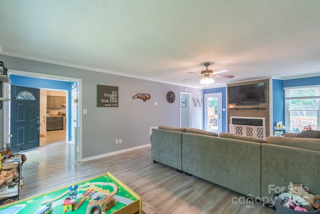 1739 Lesa Lin Dr, Monroe, NC 28112 - living area featuring crown molding, ceiling fan, a fireplace, light wood-style floors, and a textured ceiling