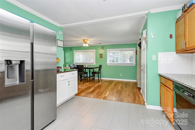 2601 Marldale St, Gastonia, NC 28052 - kitchen with stainless steel fridge, black dishwasher, ceiling fan, crown molding, and decorative backsplash
