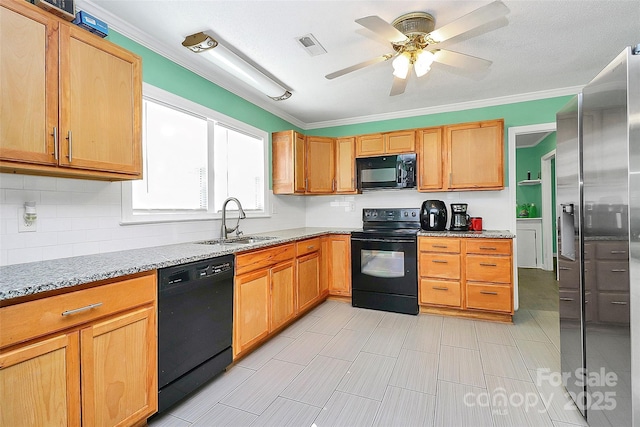 2601 Marldale St, Gastonia, NC 28052 - kitchen featuring black appliances, light stone counters, a ceiling fan, ornamental molding, and backsplash