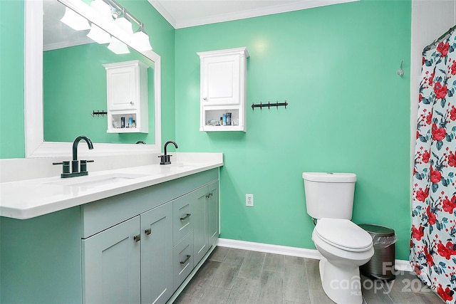 2601 Marldale St, Gastonia, NC 28052 - full bathroom featuring double vanity, wood finished floors, crown molding, and a shower with shower curtain