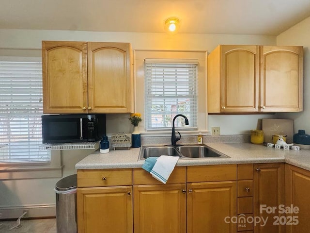 2357 28th St NE, Hickory, NC 28601 - kitchen with black microwave, a sink, light countertops, and light brown cabinetry