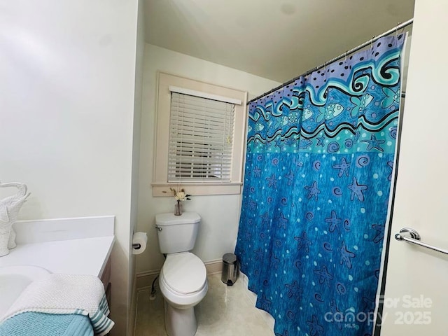 2357 28th St NE, Hickory, NC 28601 - bathroom featuring toilet, tile patterned flooring, vanity, and a shower with curtain