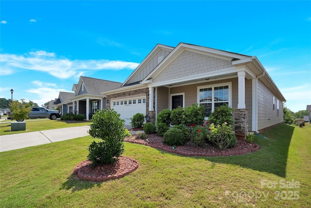 4243 Merrivale Dr, Lancaster, SC 29720 - craftsman inspired home with an attached garage, driveway, a front yard, stone siding, and board and batten siding