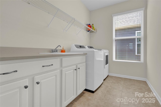 4243 Merrivale Dr, Lancaster, SC 29720 - clothes washing area with separate washer and dryer, baseboards, light tile patterned floors, and a sink