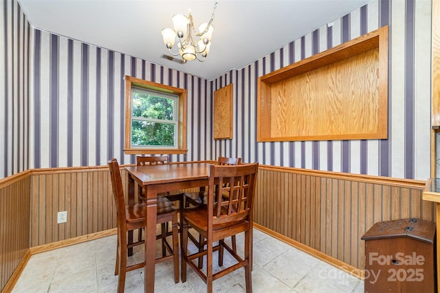 3685 Curleys Fish Camp Rd, Connelly Springs, NC 28612 - dining space featuring a wainscoted wall, wallpapered walls, a chandelier, and wood walls