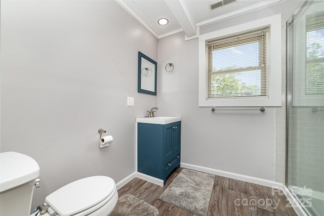 3685 Curleys Fish Camp Rd, Connelly Springs, NC 28612 - bathroom with toilet, vanity, baseboards, a tile shower, and wood finished floors