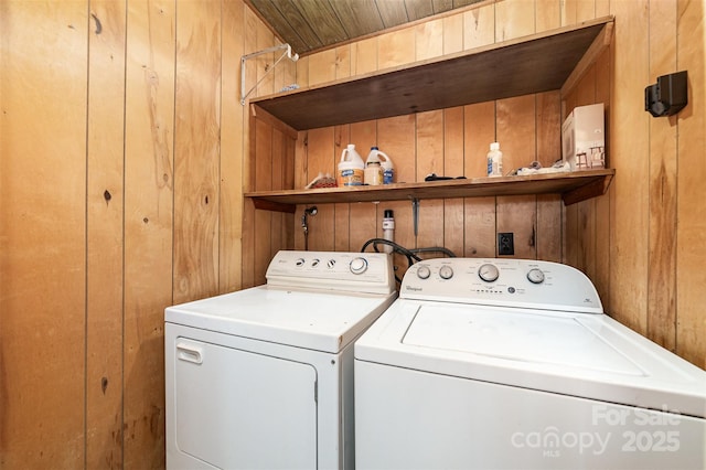 3685 Curleys Fish Camp Rd, Connelly Springs, NC 28612 - washroom with wood walls, washer and dryer, and wood ceiling