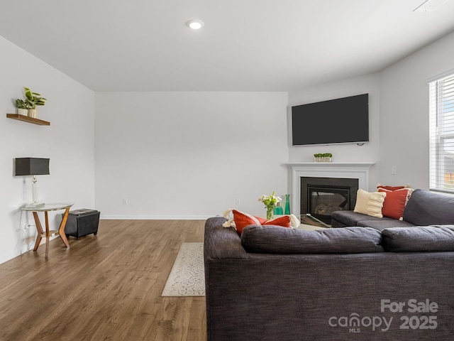 7007 Manse Ct, Boiling Springs, SC 29316 - living area with wood finished floors, a glass covered fireplace, and recessed lighting