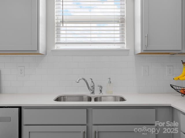 7007 Manse Ct, Boiling Springs, SC 29316 - kitchen featuring backsplash, light countertops, dishwasher, and gray cabinetry