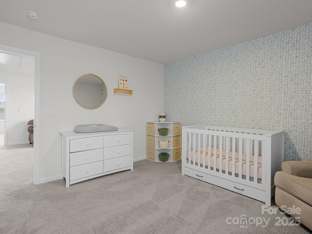 7007 Manse Ct, Boiling Springs, SC 29316 - carpeted bedroom with attic access, a nursery area, and wallpapered walls