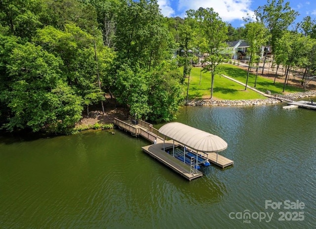 dock area featuring a water view, a yard, and view of wooded area