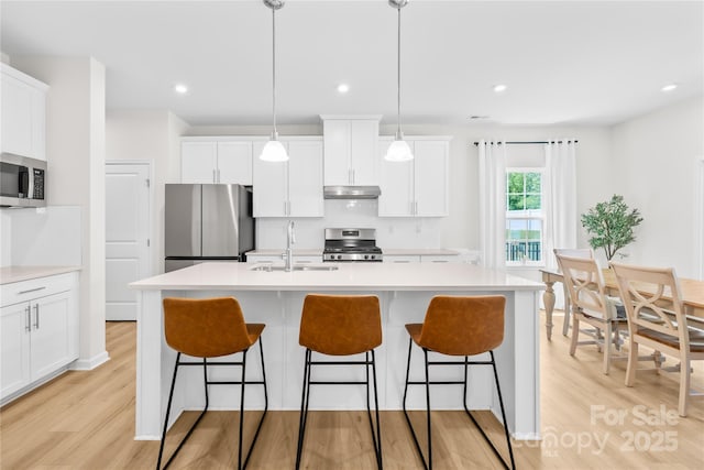 3110 Streamside Dr, Davidson, NC 28036 - kitchen with appliances with stainless steel finishes, a sink, light wood finished floors, under cabinet range hood, and recessed lighting