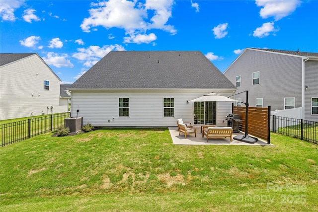 3110 Streamside Dr, Davidson, NC 28036 - back of house with a patio, outdoor lounge area, cooling unit, and roof with shingles