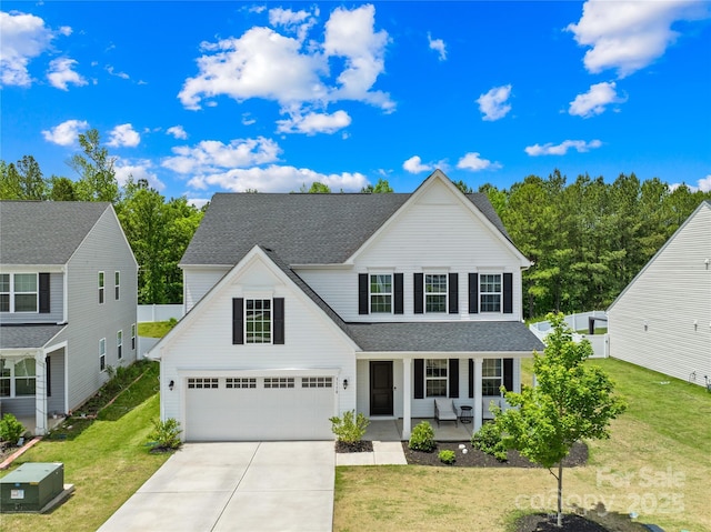 3110 Streamside Dr, Davidson, NC 28036 - traditional-style house featuring covered porch, driveway, a front yard, and an attached garage