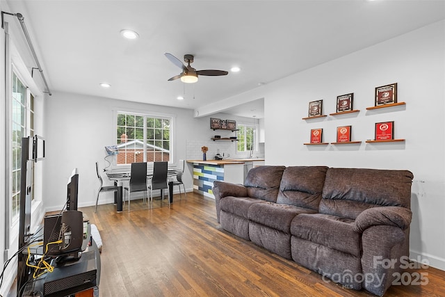 2536 Bancroft St, Charlotte, NC 28206 - living area featuring ceiling fan, wood finished floors, recessed lighting, and baseboards
