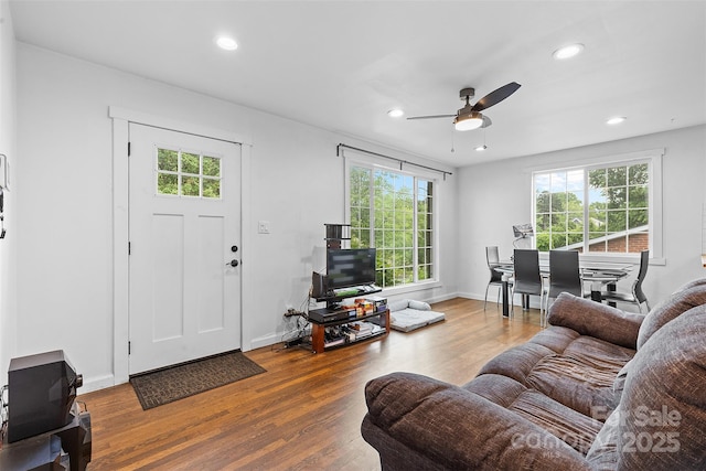 2536 Bancroft St, Charlotte, NC 28206 - living area featuring plenty of natural light, ceiling fan, wood finished floors, recessed lighting, and baseboards
