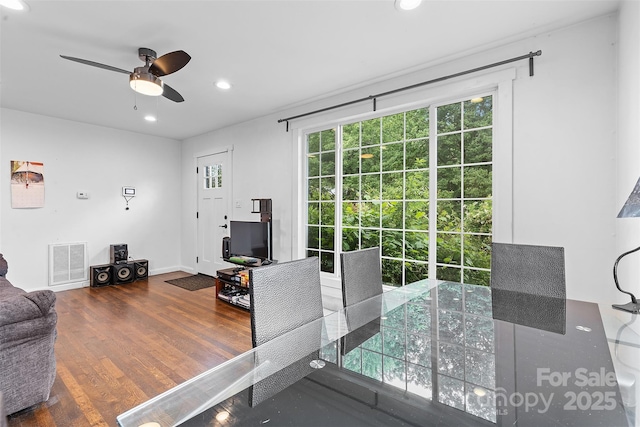 2536 Bancroft St, Charlotte, NC 28206 - dining space featuring a ceiling fan, recessed lighting, wood finished floors, and baseboards