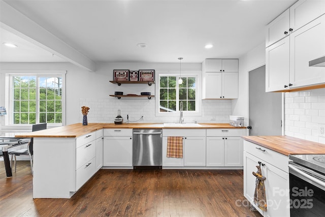 2536 Bancroft St, Charlotte, NC 28206 - kitchen with wooden counters, appliances with stainless steel finishes, a sink, dark wood finished floors, and recessed lighting