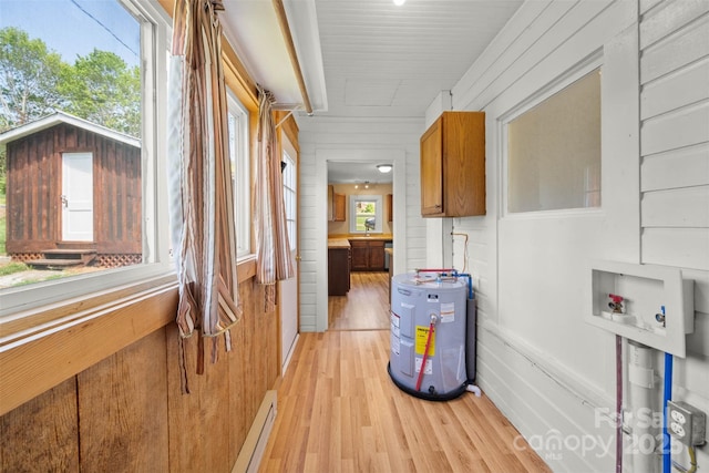 35 Amethyst St, Spruce Pine, NC 28777 - corridor with light wood-type flooring, a baseboard heating unit, wood walls, and electric water heater