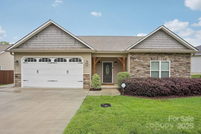 2021 Chantilly Ln, Salisbury, NC 28146 - craftsman inspired home featuring stone siding, concrete driveway, a garage, and a front lawn