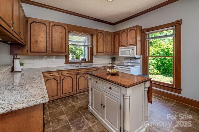 328 E Center Ave, Mooresville, NC 28115 - kitchen with white appliances, tasteful backsplash, crown molding, brown cabinetry, and a textured ceiling