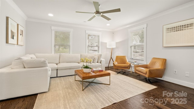 1446 Downs Ave, Charlotte, NC 28205 - living area with ornamental molding, wood finished floors, ceiling fan, and recessed lighting