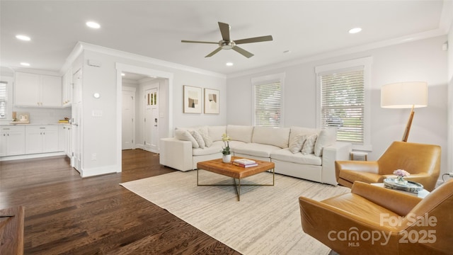 1446 Downs Ave, Charlotte, NC 28205 - living room featuring ceiling fan, dark wood-type flooring, crown molding, and recessed lighting