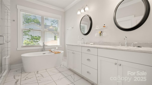 1446 Downs Ave, Charlotte, NC 28205 - bathroom with marble look tile flooring, double vanity, a soaking tub, an enclosed shower, and crown molding
