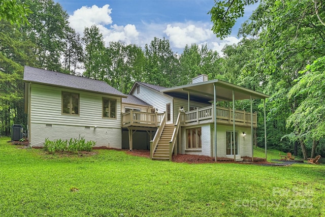 9520 Squirrel Hollow Ln, Charlotte, NC 28270 - back of house featuring crawl space, a wooden deck, a lawn, stairs, and central AC