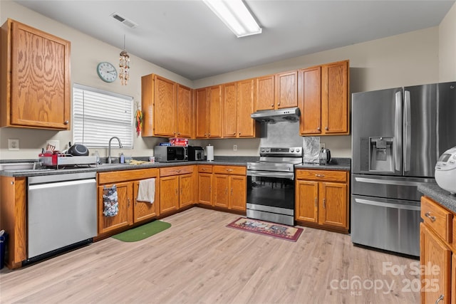 1911 Savannah Hills Dr, Matthews, NC 28105 - kitchen with appliances with stainless steel finishes, under cabinet range hood, light wood-type flooring, dark countertops, and a sink