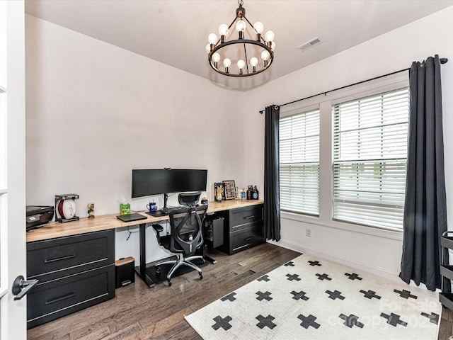 121 Enclave Meadows Ln, Matthews, NC 28104 - home office featuring a chandelier, dark wood-style flooring, and baseboards