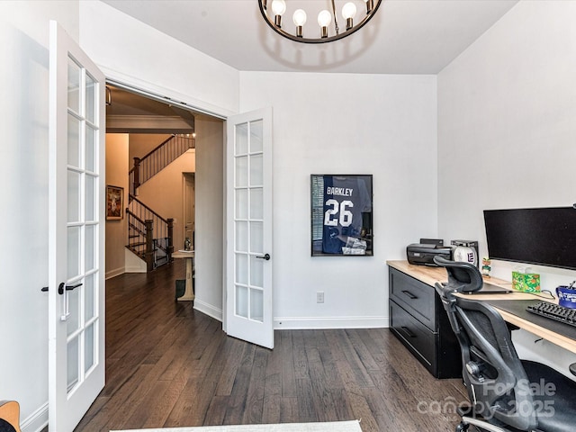 121 Enclave Meadows Ln, Matthews, NC 28104 - office area with french doors, dark wood-style floors, a chandelier, and baseboards
