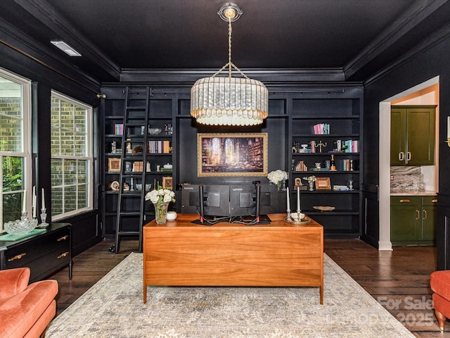 121 Enclave Meadows Ln, Matthews, NC 28104 - home office featuring ornamental molding, a chandelier, built in shelves, and wood finished floors