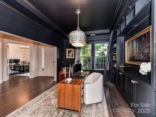 121 Enclave Meadows Ln, Matthews, NC 28104 - office featuring ornamental molding, a chandelier, and dark wood finished floors