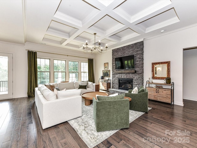 121 Enclave Meadows Ln, Matthews, NC 28104 - living room with dark wood-style floors, a fireplace, a chandelier, beamed ceiling, and baseboards