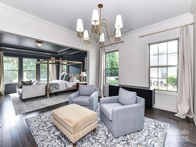 121 Enclave Meadows Ln, Matthews, NC 28104 - bedroom featuring ornamental molding, a chandelier, dark wood-style floors, and baseboards