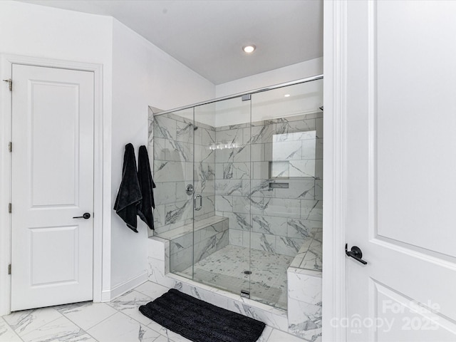 121 Enclave Meadows Ln, Matthews, NC 28104 - bathroom featuring marble finish floors, a marble finish shower, recessed lighting, and baseboards