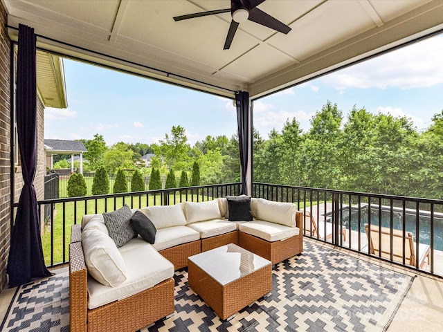 121 Enclave Meadows Ln, Matthews, NC 28104 - view of patio / terrace with a ceiling fan, an outdoor hangout area, and view of scattered trees