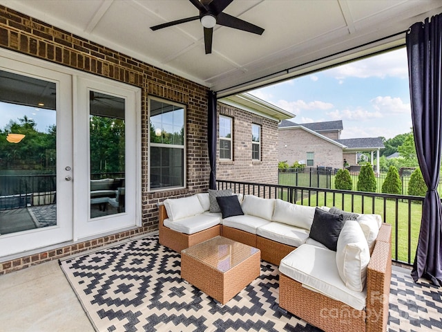 121 Enclave Meadows Ln, Matthews, NC 28104 - sunroom / solarium featuring french doors, ceiling fan, and an outdoor hangout area