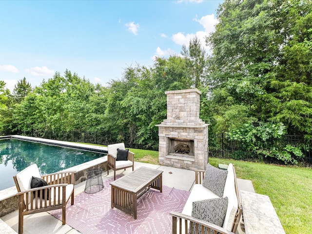 121 Enclave Meadows Ln, Matthews, NC 28104 - view of patio / terrace with an outdoor living space with a fireplace and view of scattered trees