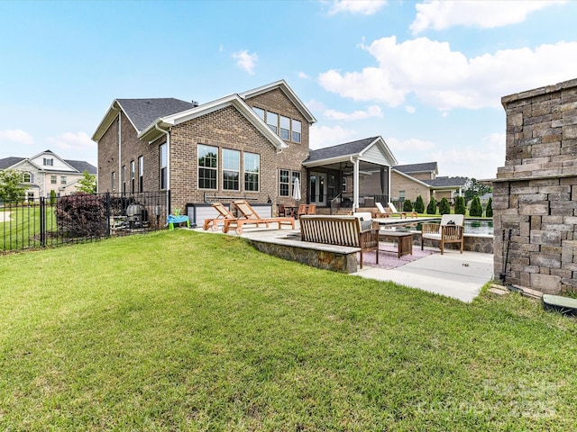 121 Enclave Meadows Ln, Matthews, NC 28104 - back of house featuring an outdoor living space, a patio area, brick siding, and a sunroom