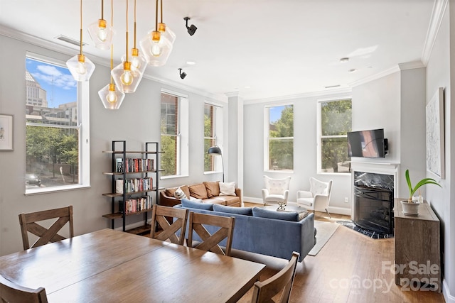 229 N Church St Unit 204, Charlotte, NC 28202 - dining area with ornamental molding, healthy amount of natural light, wood finished floors, a high end fireplace, and baseboards