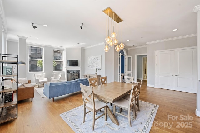229 N Church St Unit 204, Charlotte, NC 28202 - dining room with light wood-style flooring, crown molding, a premium fireplace, and recessed lighting